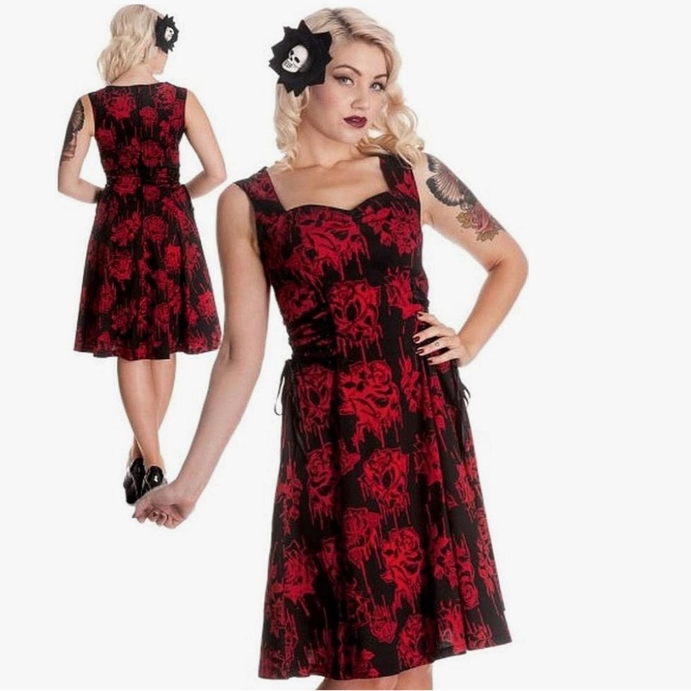 Hell Bunny Red and Black Floral Midi Dress